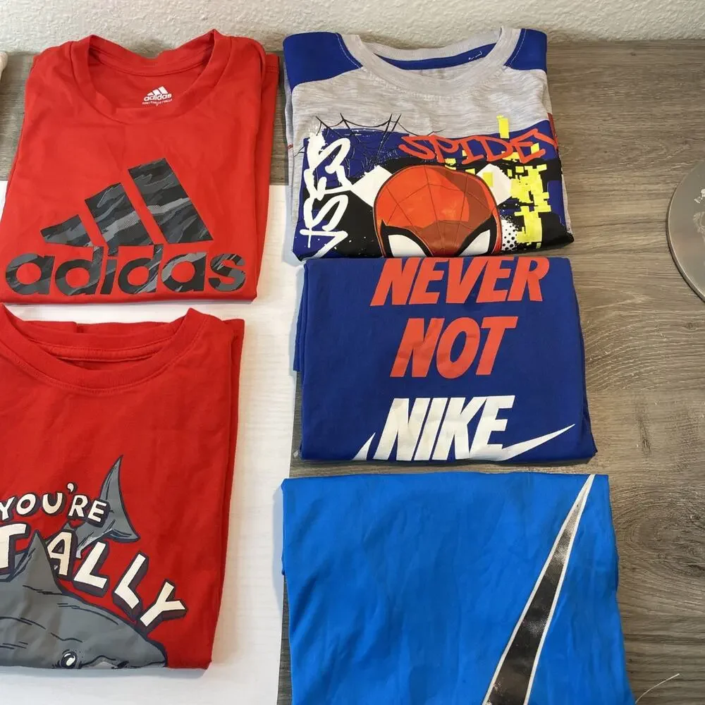 Lot of 7 Boys Graphic Tees Shirts Size 6 7 Nike Adidas Warriors Spider-Man